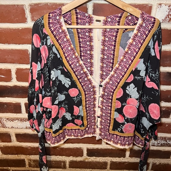 FREE PEOPLE Freshly Squeezed Grapefruit Flowy Boho Button Tie Sleeve Top Small - Picture 14 of 15